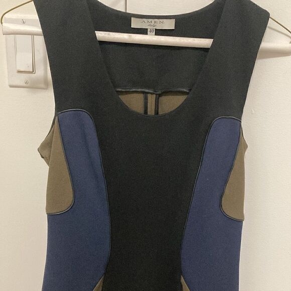Amen Italy Color Block Sleeveless Shift Dress. Black/Navy/Brown. Size 40. US 4. - Picture 2 of 10